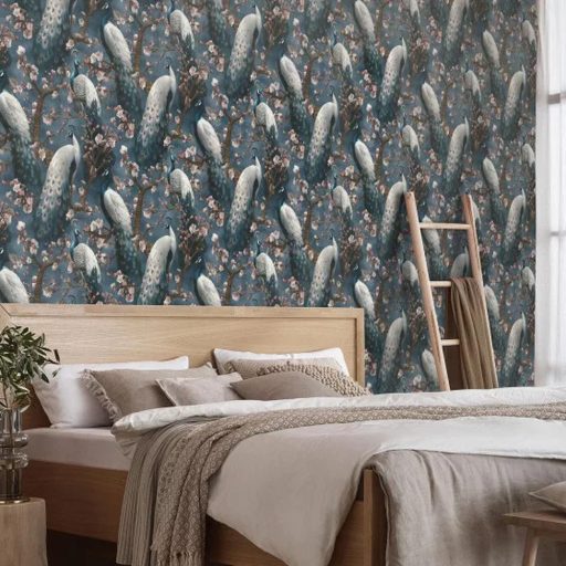 Páva és virágmintás designer tapéta – elegáns, természet ihlette prémium faldekoráció kék színben