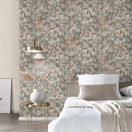 Elegáns virágmintás tapéta – természet ihlette pasztell kék  és rózsaszín árnyalatban