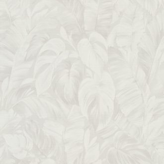   Trópusi  levél mintás tapéta fehér  színben  – botanikus, jungle stílusú designer tapéta modern faldekorációhoz