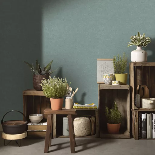 Kékeszöld színű textil hatású tapéta – elegáns struktúrált tapéta modern enteriőrbe