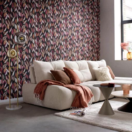 Modern levélmintás tapéta – elegáns design tapéta lila színben