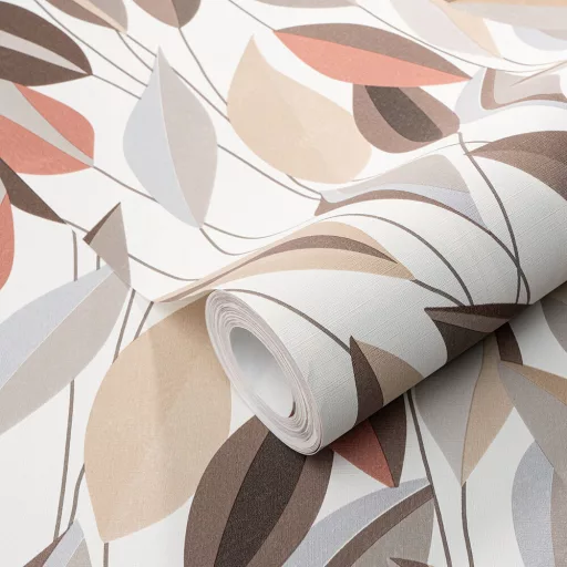 Modern levélmintás tapéta – elegáns design tapéta beige és piros  színben