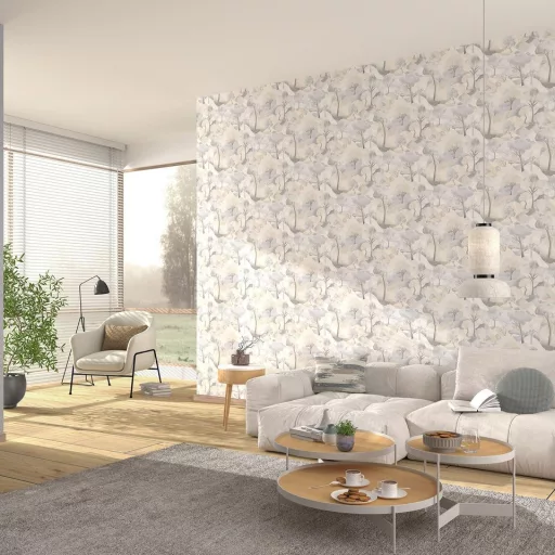 Tájképes mintás dekor tapéta – festmény hatású, modern design tapéta, krém színben