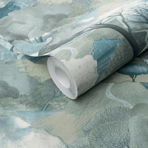 Tájképes mintás dekor tapéta – festmény hatású, modern design tapéta, kék színben