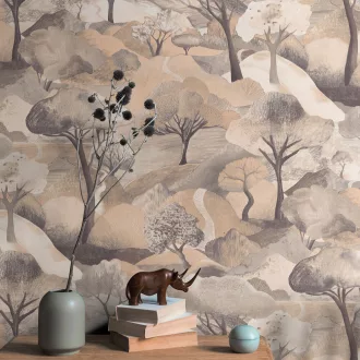   Tájképes mintás dekor tapéta – festmény hatású, modern design tapéta, meleg beige színben