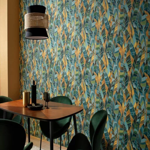 Art deco mintás tapéta – elegáns legyező mintás design faldekor türkiz- arany színnel