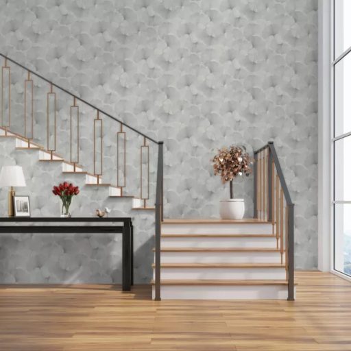 Pasztell szürke  árnyalatú ginkgo leveles tapéta. Lágy, romantikus és naturális hangulat