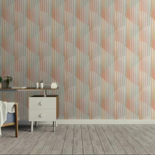 Pasztell rózsaszín-barack geometrikus tapéta elegáns, íves art deco mintával. Modern, letisztult tapéta 