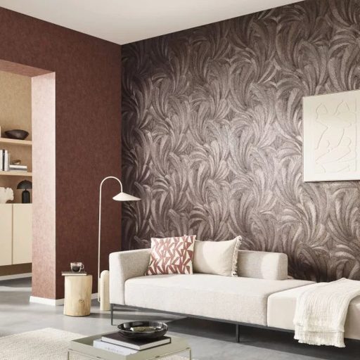 Finoman rajzolt toll mintás tapéta elegáns, strukturált felülettel meleg bronzos barna  árnyalatban