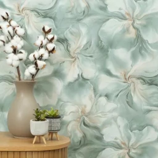 Elegáns texturált  elegánsan csillogó virágmintás tapéta  pasztell zöld színben