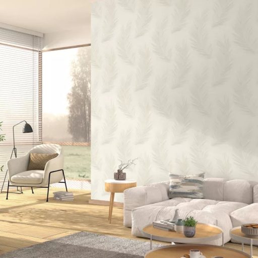 Elegáns ,lágy vonalvezetésű tapéta  toll motívummal beige árnyalataban 