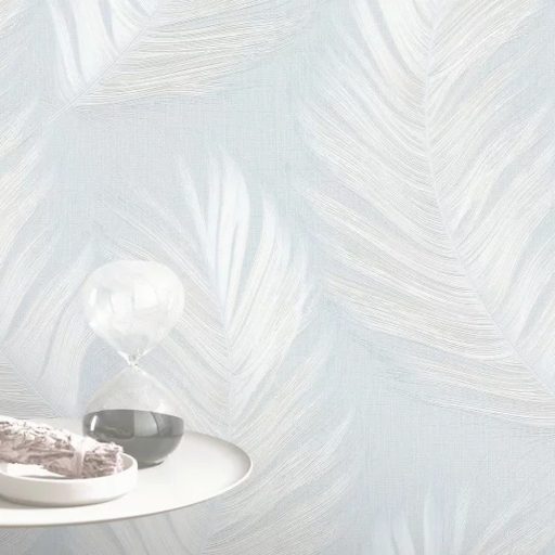 Elegáns ,lágy vonalvezetésű tapéta  toll motívummal kék árnyalataban 