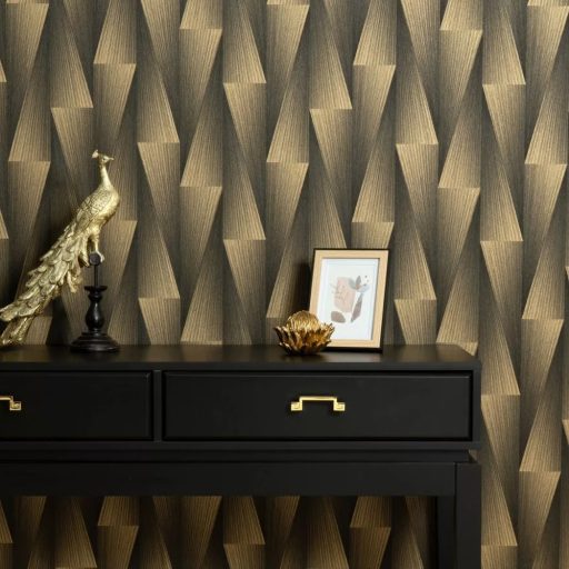 Barna-arany geometrikus tapéta – modern 3D fa hatású mintázat