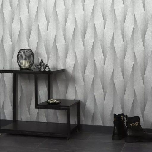 Halványszürke-ezüst szinű geometrikus tapéta – modern 3D fa hatású mintázat