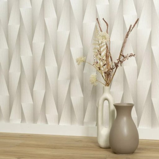 Krém szinű geometrikus tapéta – modern 3D fa hatású mintázat