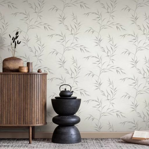 Szürke leveles tapéta – elegáns naturál mintás faldekor modern otthonokba