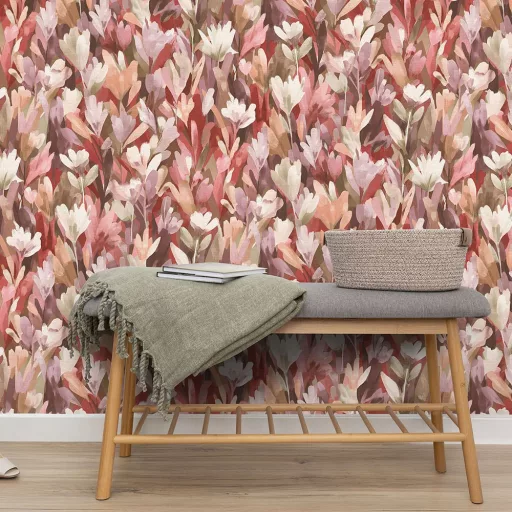 Aquarell  virágmintás tapéta piros-lila-zöld  árnyalatokkal – elegáns megjelenés nappaliba és hálószobába