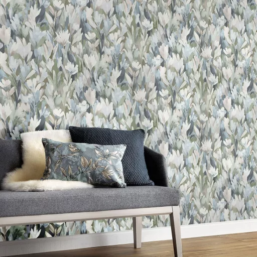 Aquarell  virágmintás tapéta barna-zöld-kék  árnyalatokkal – elegáns megjelenés nappaliba és hálószobába