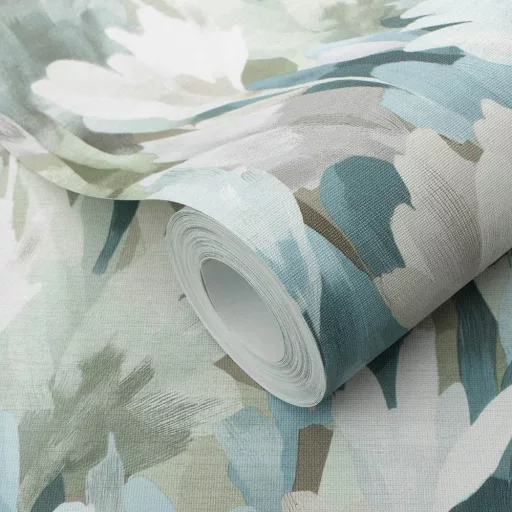Aquarell  virágmintás tapéta barna-zöld-kék  árnyalatokkal – elegáns megjelenés nappaliba és hálószobába