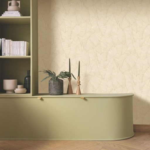 Trópusi levél mintás design tapéta – elegáns botanikus design beige színben