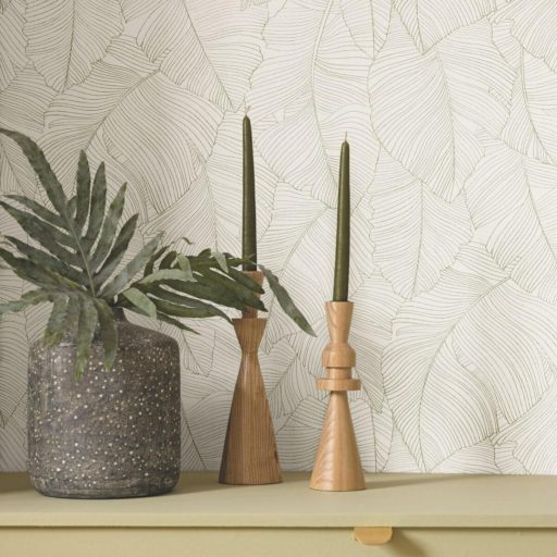 Trópusi levél mintás design tapéta – elegáns botanikus design halványzöld színben