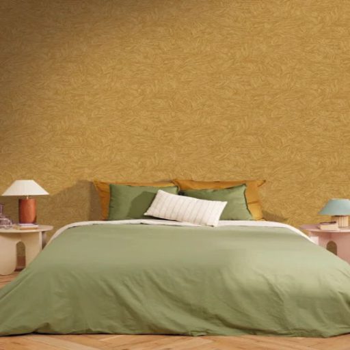 Természetes levél textúrás tapéta – fonott hatású botanikus faldekoráció arany színvilággal