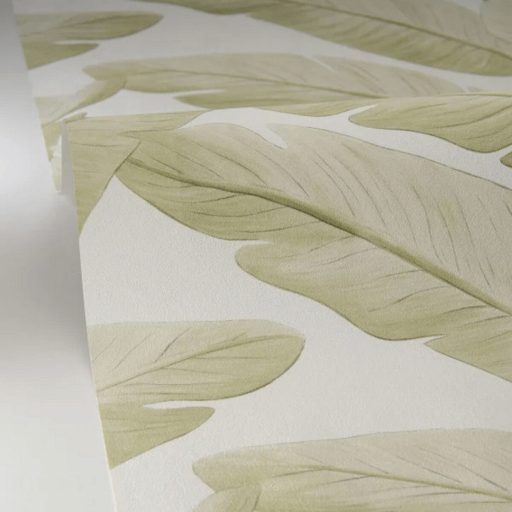 Trópusi levél mintás dekor tapéta – modern botanikus faldekoráció fehér-zöld  tónusokkal
