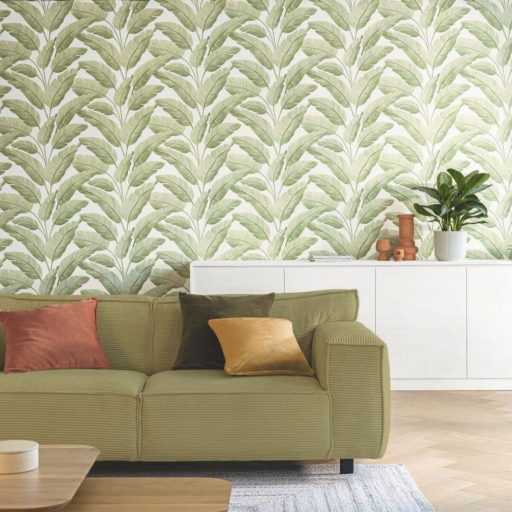 Trópusi levél mintás dekor tapéta – modern botanikus faldekoráció fehér-zöld  tónusokkal