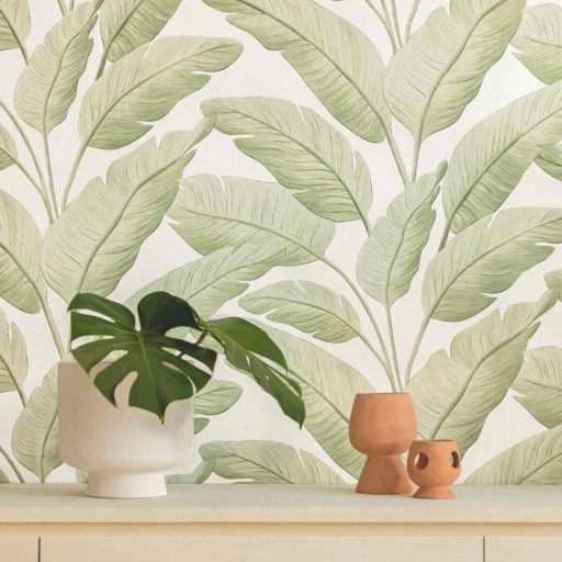 Trópusi levél mintás dekor tapéta – modern botanikus faldekoráció fehér-zöld  tónusokkal