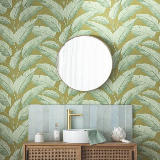 Trópusi banán levél mintás dekor tapéta – modern botanikus faldekoráció zöld tónusokkal