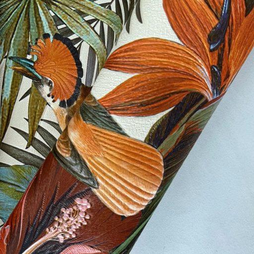 Elegáns,  trópusi mintás tapéta színes egzotikus madarakkal, virágokkal