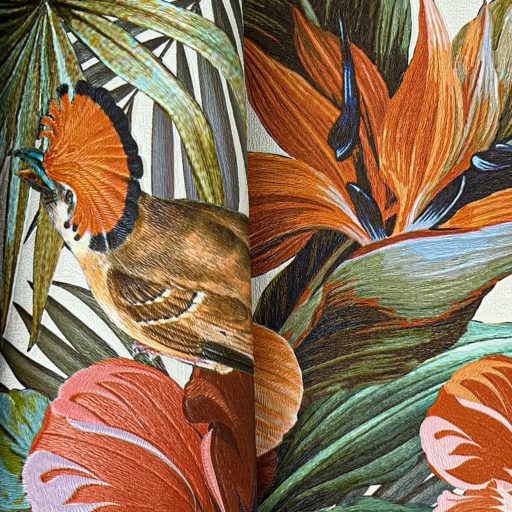 Elegáns,  trópusi mintás tapéta színes egzotikus madarakkal, virágokkal