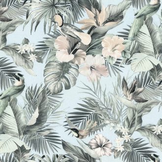   Elegáns,  trópusi mintás tapéta színes egzotikus madarakkal, virágokkal