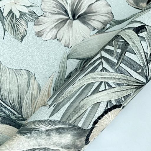 Elegáns,  trópusi mintás tapéta színes egzotikus madarakkal, virágokkal