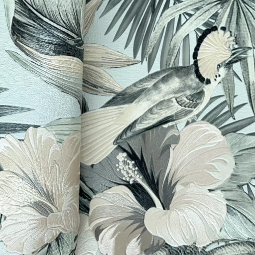 Elegáns,  trópusi mintás tapéta színes egzotikus madarakkal, virágokkal