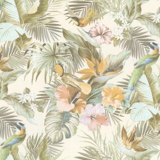   Elegáns,  trópusi mintás tapéta színes egzotikus madarakkal, virágokkal