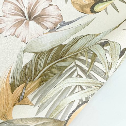 Elegáns,  trópusi mintás tapéta színes egzotikus madarakkal, virágokkal