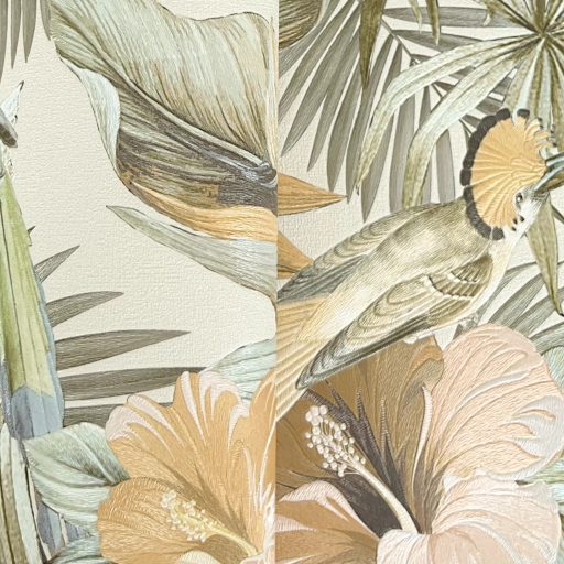 Elegáns,  trópusi mintás tapéta színes egzotikus madarakkal, virágokkal