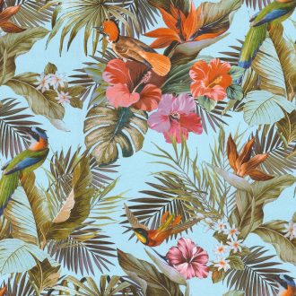   Elegáns,  trópusi mintás tapéta színes egzotikus madarakkal, virágokkal