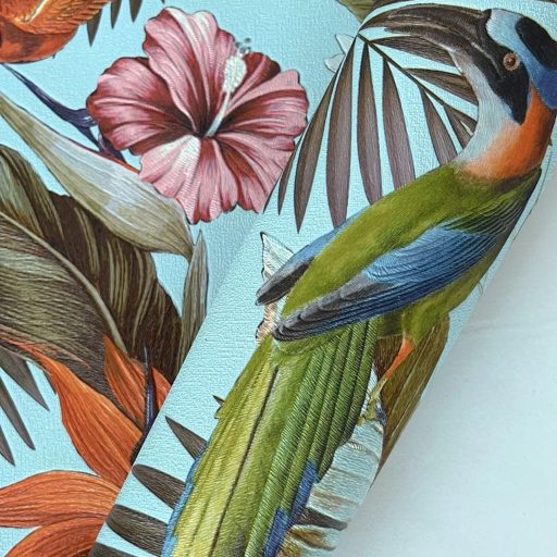 Elegáns,  trópusi mintás tapéta színes egzotikus madarakkal, virágokkal