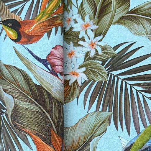 Elegáns,  trópusi mintás tapéta színes egzotikus madarakkal, virágokkal
