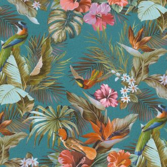   Elegáns,  trópusi mintás tapéta színes egzotikus madarakkal, virágokkal