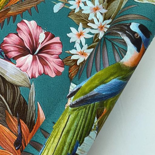 Elegáns,  trópusi mintás tapéta színes egzotikus madarakkal, virágokkal
