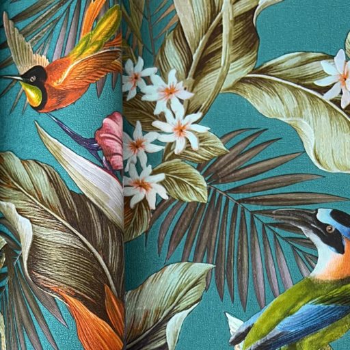 Elegáns,  trópusi mintás tapéta színes egzotikus madarakkal, virágokkal