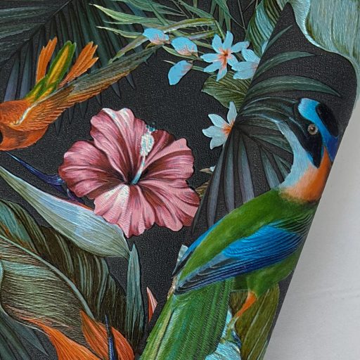 Elegáns,  trópusi mintás tapéta színes egzotikus madarakkal, virágokkal