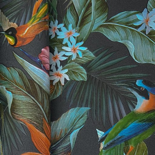 Elegáns,  trópusi mintás tapéta színes egzotikus madarakkal, virágokkal