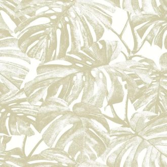   Trópusi levélmintás design tapéta – modern botanikus faldekoráció nappaliba és hálószobába a fehér-arany  színben