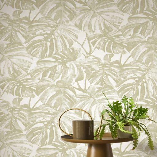 Trópusi levélmintás design tapéta – modern botanikus faldekoráció nappaliba és hálószobába a fehér-arany  színben