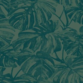   Trópusi levélmintás design tapéta – modern botanikus faldekoráció nappaliba és hálószobába smaragdzöld színben