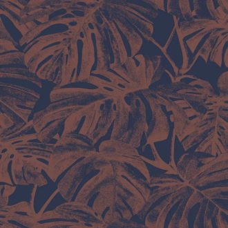   Trópusi levélmintás design tapéta – modern botanikus faldekoráció nappaliba és hálószobába kék-bronz színben